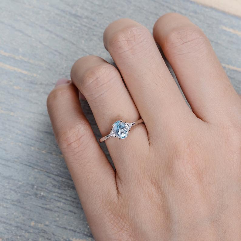 1.20 Ct Oval Cut Aquamarine & Trillion CZ Three-Stone Promise Gift Ring In 925 Sterling Silver