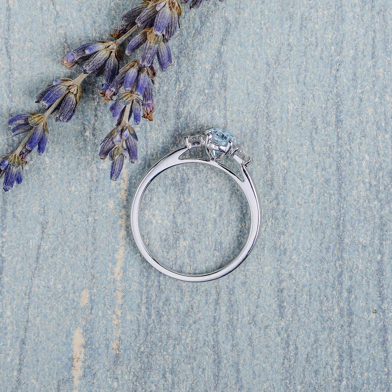 1.20 Ct Oval Cut Aquamarine & Trillion CZ Three-Stone Promise Gift Ring In 925 Sterling Silver