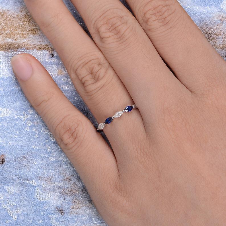 1.20 Ct Marquise Cut Blue Sapphire 925 Sterling Silver Half Eternity Promise Band Ring