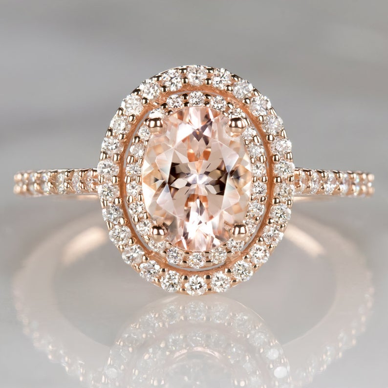1 CT Oval Cut Morganite Diamond 925 Sterling Silver Double Halo Engagement Ring