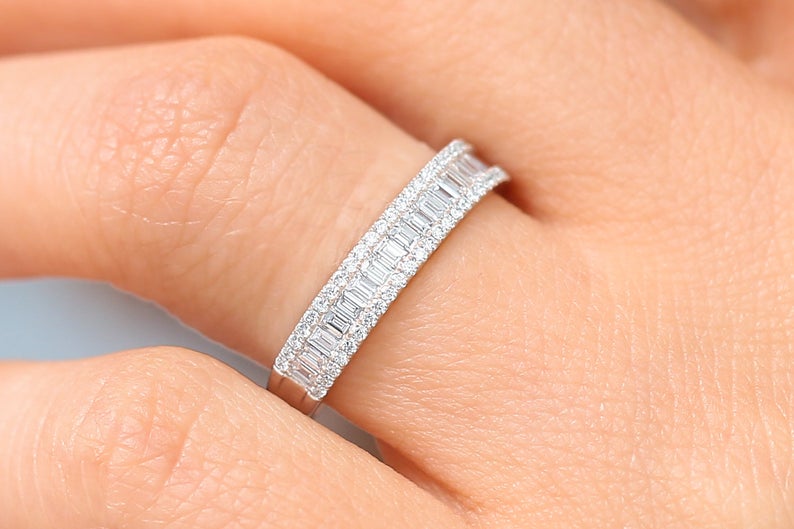 1.20 Ct Baguette Cut Diamond Half Eternity Engagement Band Ring In 925 Sterling Silver