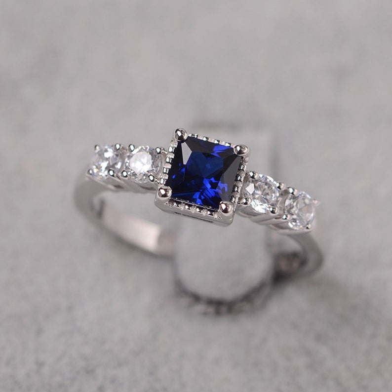 2.20 Ct Princess Cut Blue Sapphire 925 Sterling Silver Solitaire W/Accents Wedding Ring