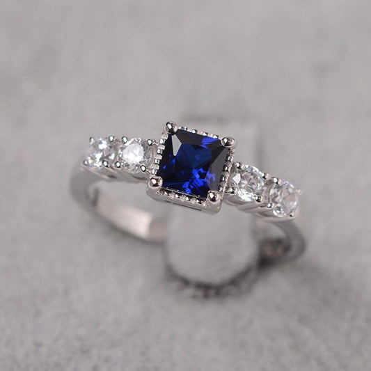 2.20 Ct Princess Cut Blue Sapphire 925 Sterling Silver Solitaire W/Accents Wedding Ring