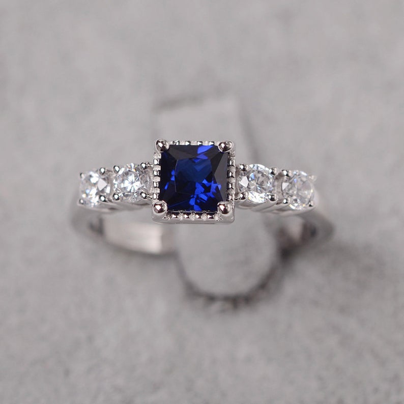 2.20 Ct Princess Cut Blue Sapphire 925 Sterling Silver Solitaire W/Accents Wedding Ring