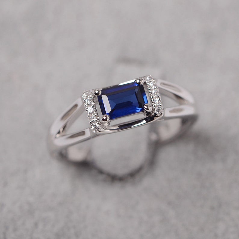 1.20 Ct Emerald Cut Blue Sapphire Solitaire W/Accents September Birthstone Ring In 925 Sterling Silver