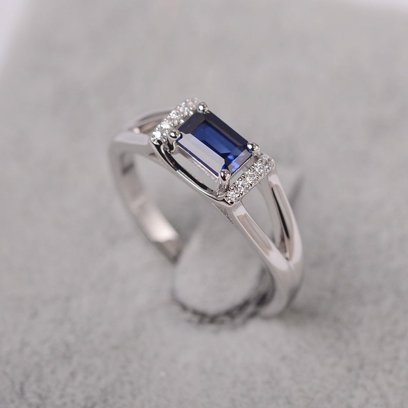 1.20 Ct Emerald Cut Blue Sapphire Solitaire W/Accents Anniversary Gift Ring In 925 Sterling Silver