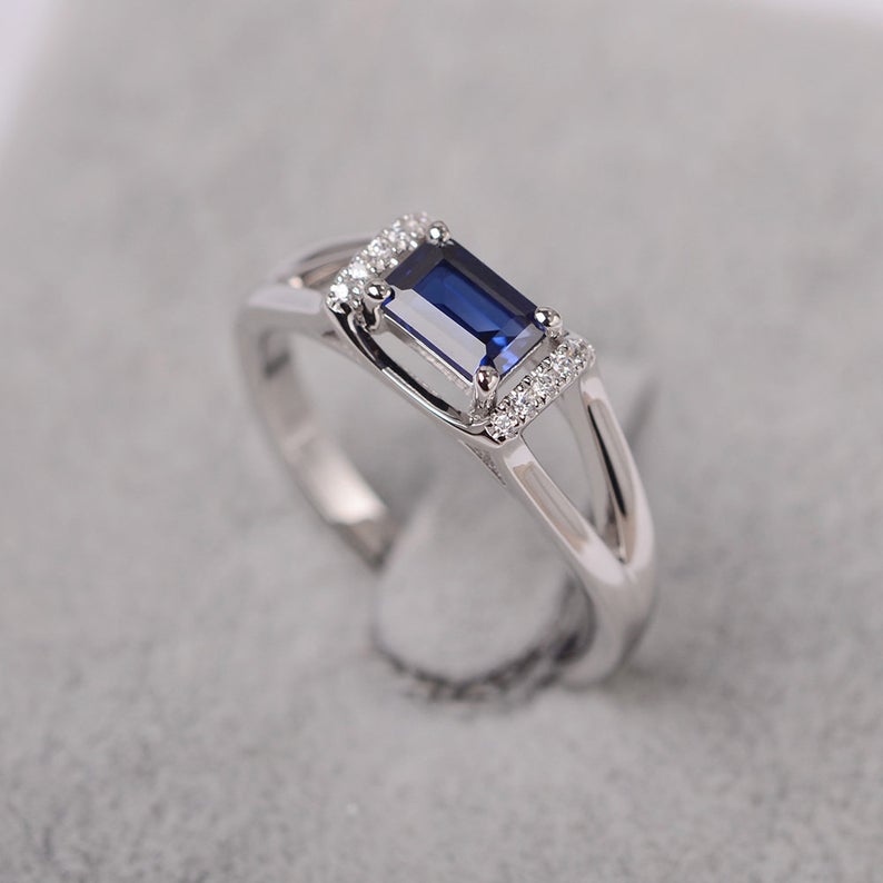 1.20 Ct Emerald Cut Blue Sapphire Solitaire W/Accents September Birthstone Ring In 925 Sterling Silver