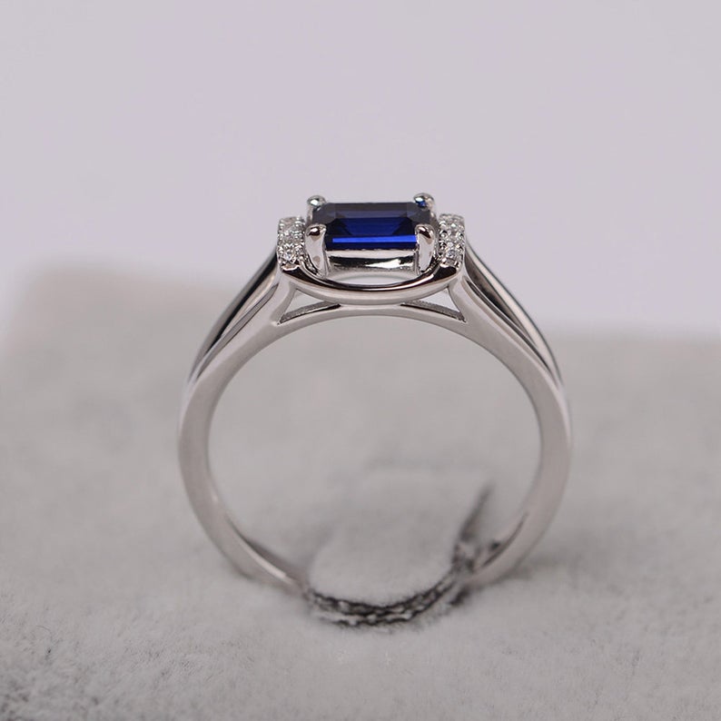 1.20 Ct Emerald Cut Blue Sapphire Solitaire W/Accents September Birthstone Ring In 925 Sterling Silver