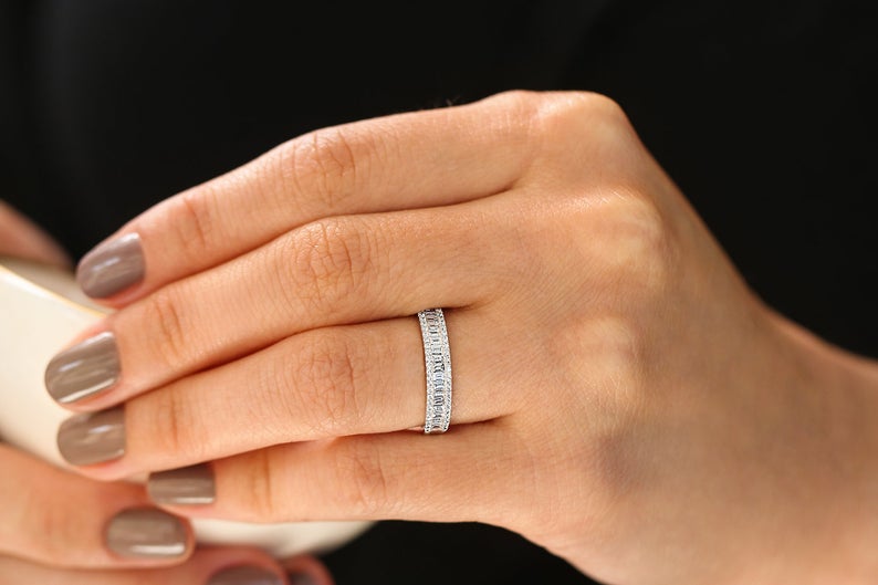 1.20 Ct Baguette Cut Diamond Half Eternity Engagement Band Ring In 925 Sterling Silver