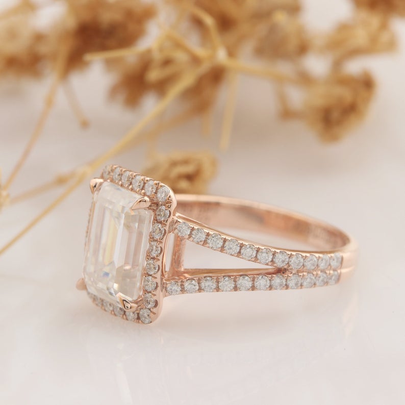 3 CT Emerald Cut Diamond 925 Sterling Silver Split Shank Halo Promise Ring