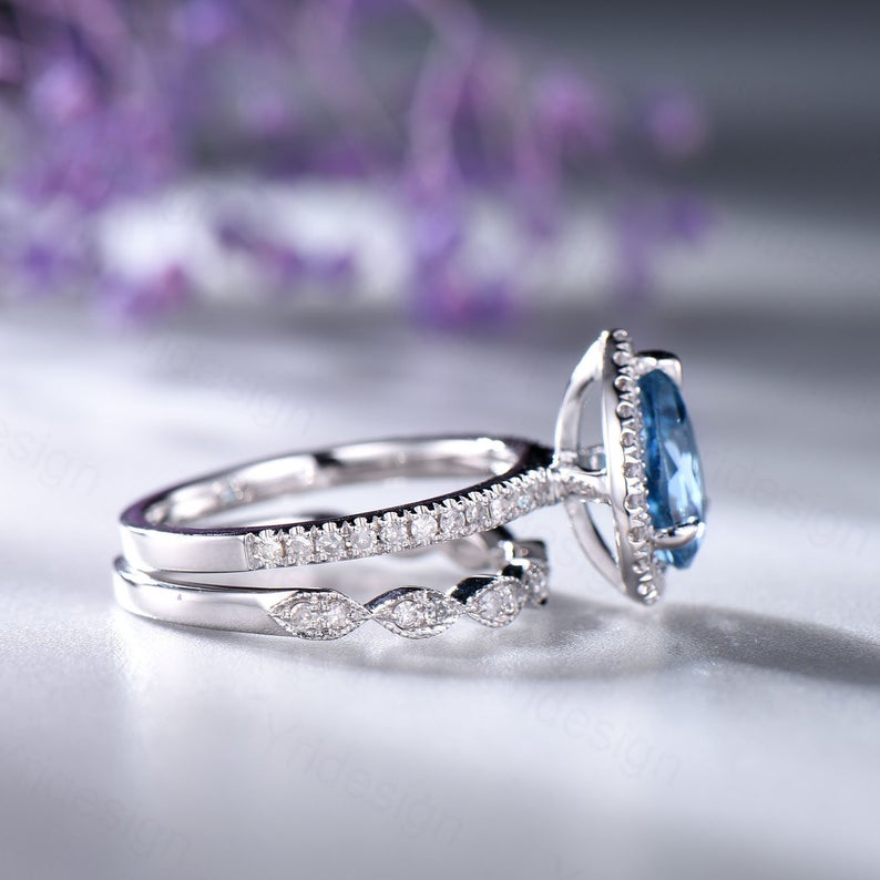 1 CT Pear Cur London Blue Topaz Diamond White Gold Over On 925 Sterling Silver Women Halo Bridal Ring Set