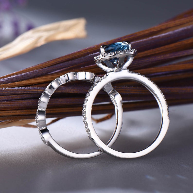 1 CT Pear Cut London Blue Topaz Diamond 925 Sterling Silver Halo Bridal Ring Set
