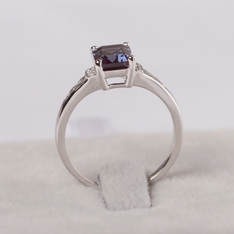 1.75 Ct Emerald Cut Alexandrite 925 Sterling Silver Solitaire W/Accents Engagement Ring