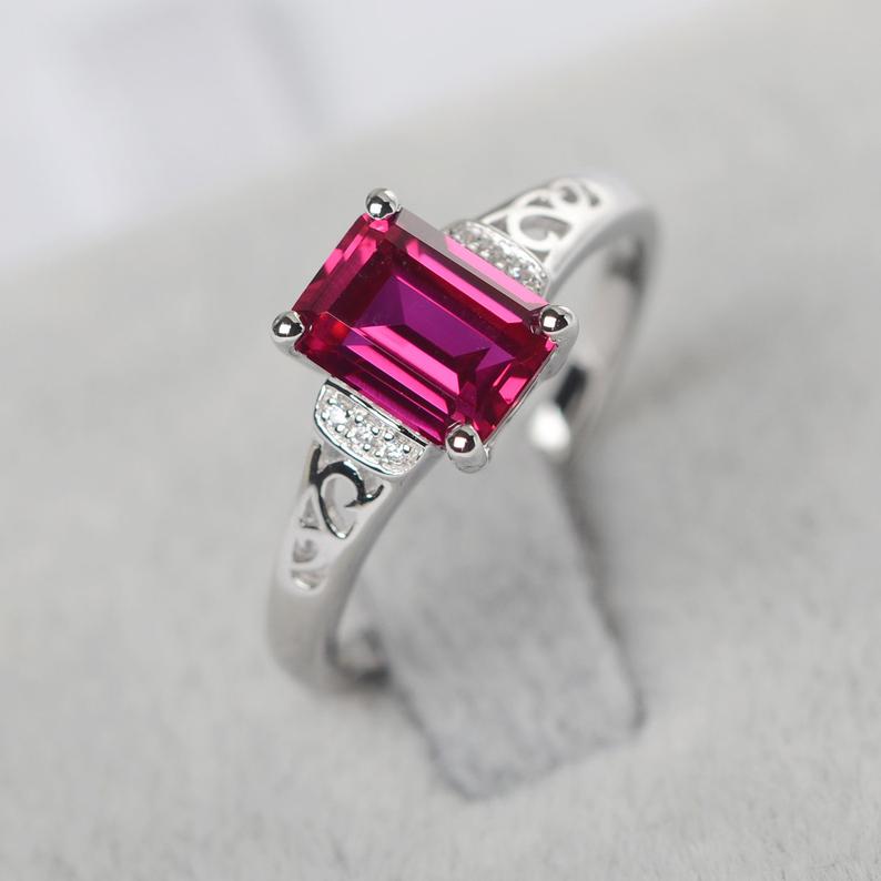 1.25 Ct Emerald Cut Red Ruby Solitaire W/Accents Anniversary Gift Ring In 925 Sterling Silver