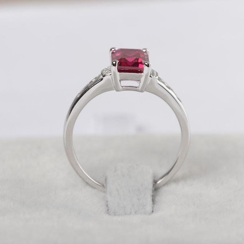 1.25 Ct Emerald Cut Red Ruby Solitaire W/Accents Anniversary Gift Ring In 925 Sterling Silver