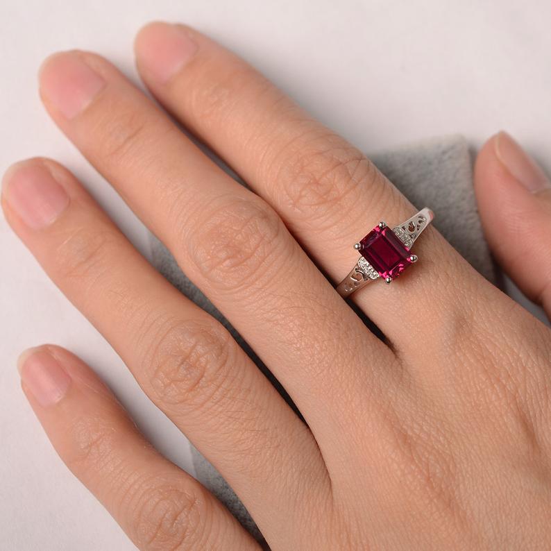 1.25 Ct Emerald Cut Red Ruby Solitaire W/Accents Anniversary Gift Ring In 925 Sterling Silver
