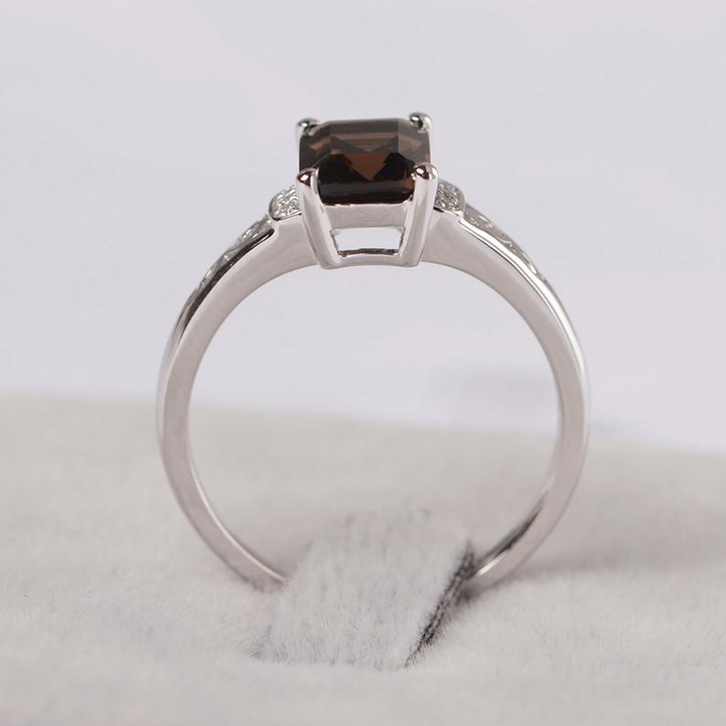 1.25 Ct Emerald Cut Smoky Quartz Solitaire W/Accents Anniversary Gift Ring In 925 Sterling Silver