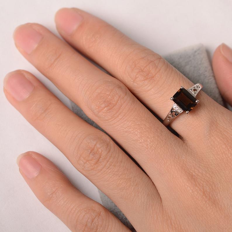 1.25 Ct Emerald Cut Smoky Quartz Solitaire W/Accents Anniversary Gift Ring In 925 Sterling Silver