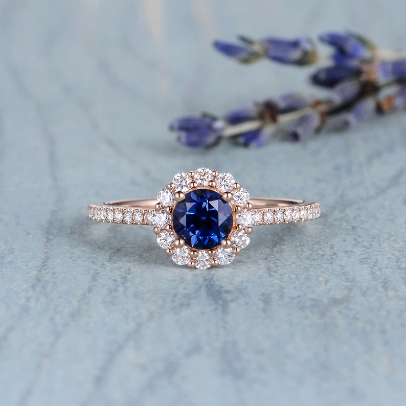 1.75 Ct Round Cut Blue Sapphire Rose Gold Over On 925 Sterling Silver Halo Engagement Ring