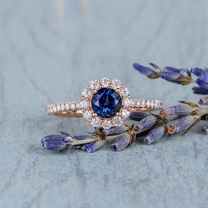 1.75 Ct Round Cut Blue Sapphire Rose Gold Over On 925 Sterling Silver Halo Engagement Ring