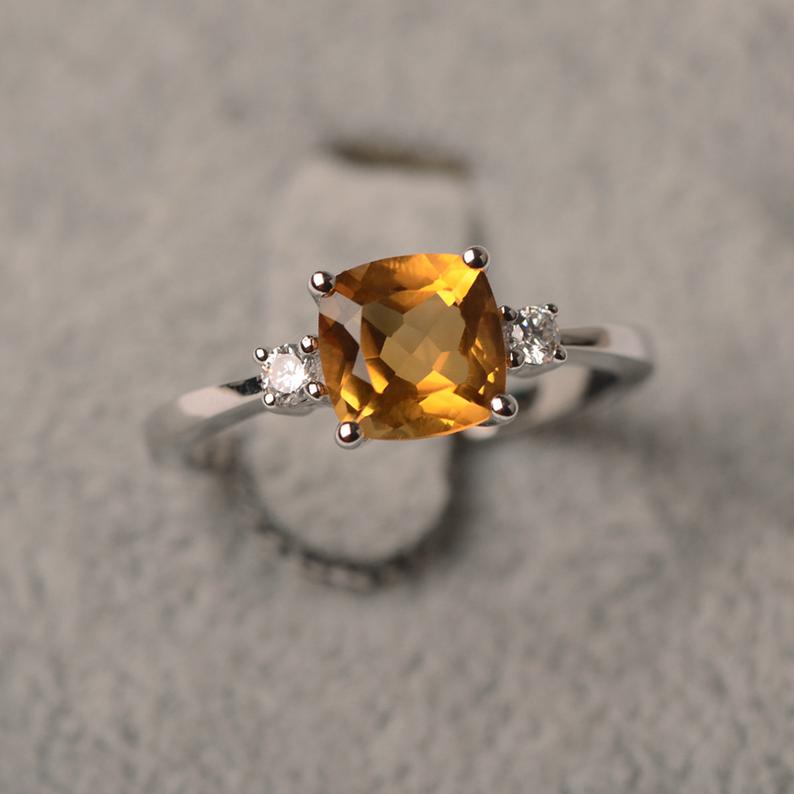 1.50 Ct Cushion Cut Yellow Citrine 925 Sterling Silver Three-Stone Promise Ring