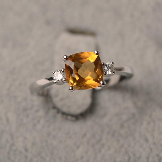 1.50 Ct Cushion Cut Yellow Citrine 925 Sterling Silver Three-Stone Promise Ring