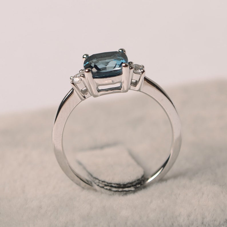 1.50 Ct Cushion Cut London Blue Topaz 925 Sterling Silver Three-Stone Promise Ring