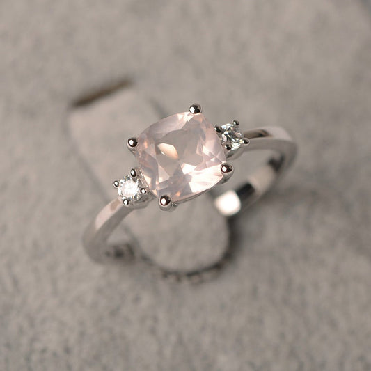 1.50 Ct Cushion Cut Rose Quartz Three-Stone Engagement Ring In 925 Sterling Silver