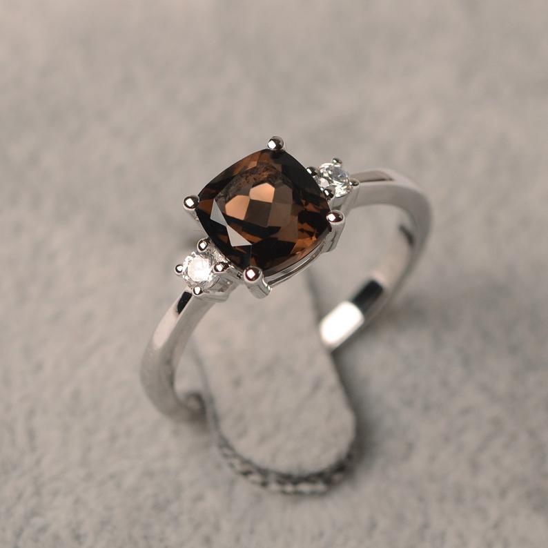 1.50 Ct Cushion Cut Smoky Quartz & White CZ 925 Sterling Silver Three-Stone Promise Ring