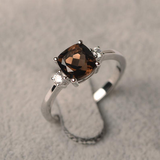 1.50 Ct Cushion Cut Smoky Quartz & White CZ 925 Sterling Silver Three-Stone Promise Ring