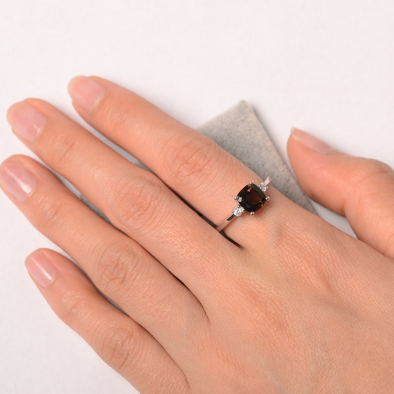 1.50 Ct Cushion Cut Smoky Quartz & White CZ 925 Sterling Silver Three-Stone Promise Ring