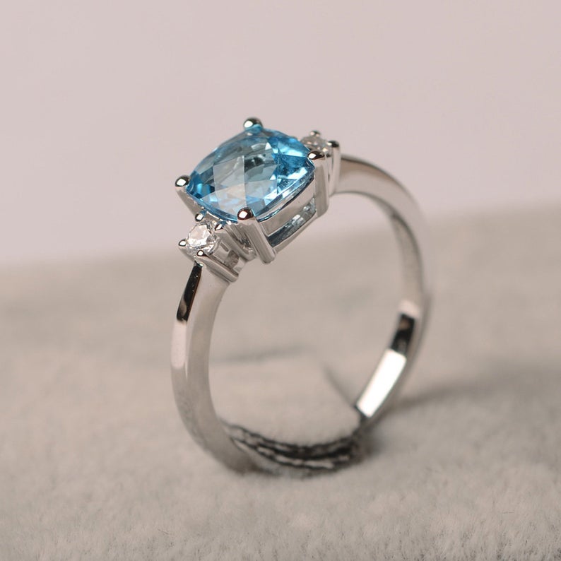 1.50 Ct Cushion Cut Blue Topaz Three-Stone Promise Ring In 925 Sterling Silver