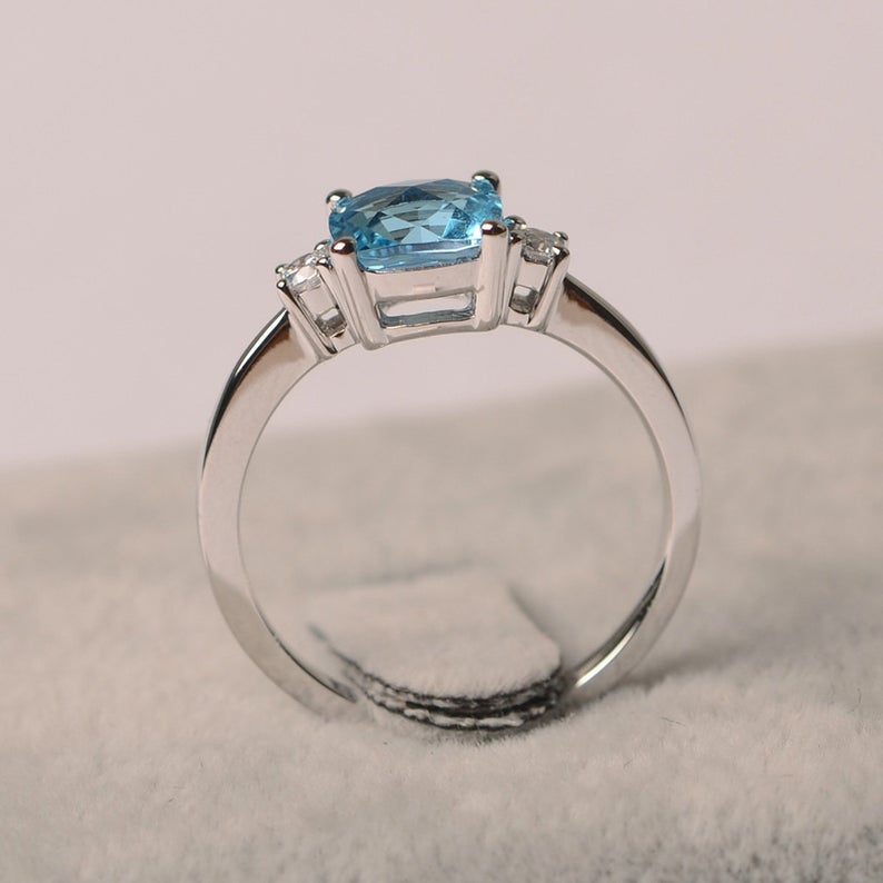 1.50 Ct Cushion Cut Blue Topaz Three-Stone Promise Ring In 925 Sterling Silver