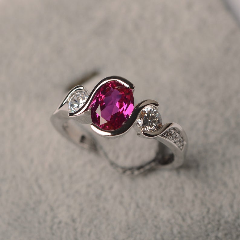 2.00 Ct Oval Cut Pink Ruby 925 Sterling Silver Solitaire W/Accents Engagement Ring