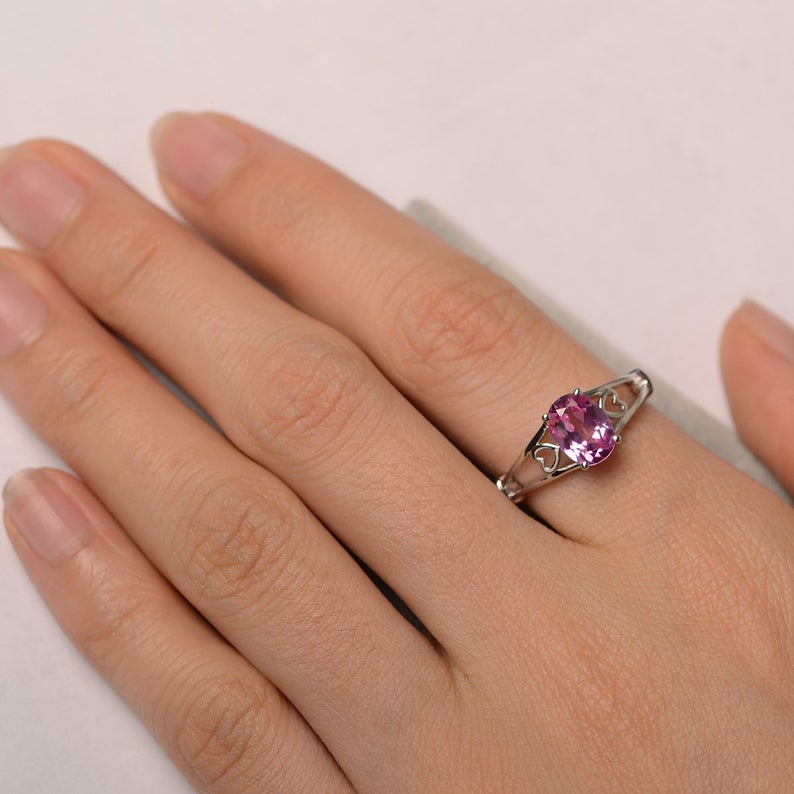 1.00 Ct Oval Cut Pink Sapphire 925 Sterling Silver Split Shank Promise Gift Ring For Her