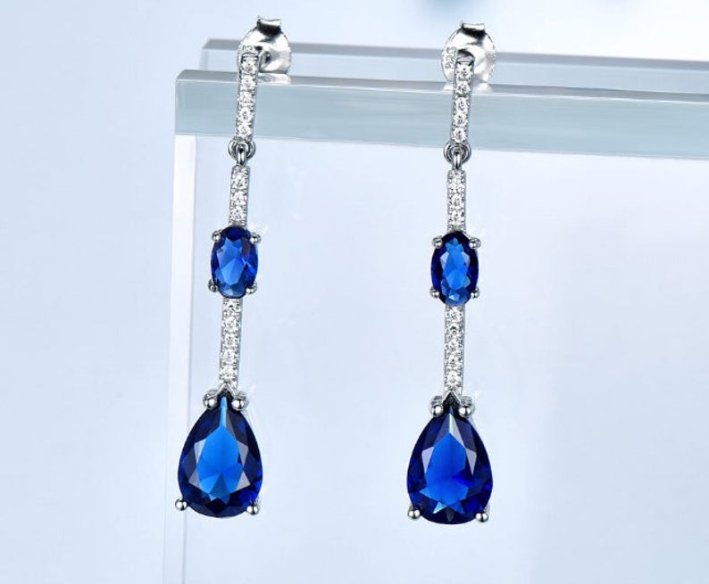 3.20 Ct Pear & Oval Cut Blue Sapphire Trendy Design Dangle Earrings In 925 Sterling Silver