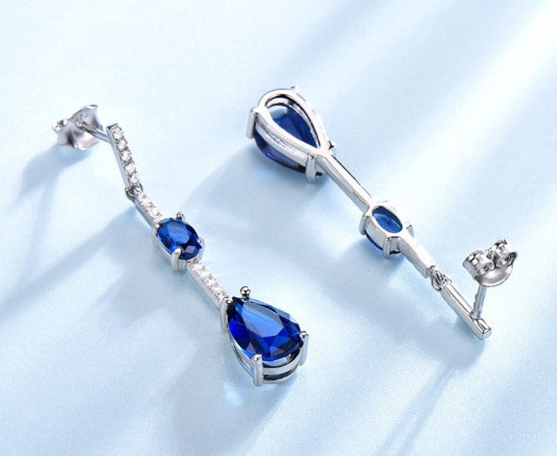 3.20 Ct Pear & Oval Cut Blue Sapphire Trendy Design Dangle Earrings In 925 Sterling Silver