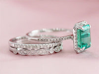 1 CT Emerald Cut Green Emerald Diamond 925 Sterling Silver Halo Wedding Trio Ring Set
