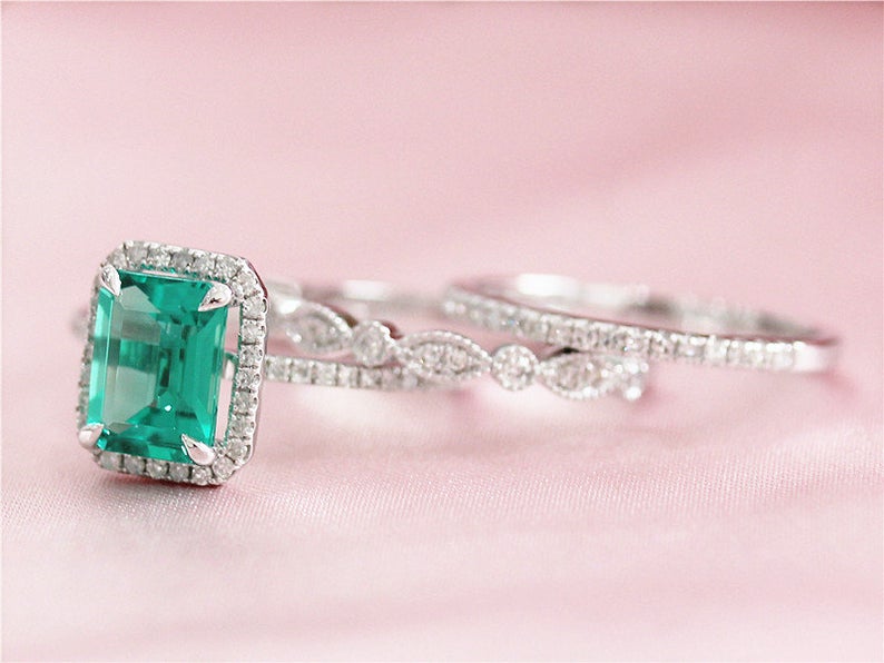 1 CT Emerald Cut Green Emerald Diamond 925 Sterling Silver Halo Wedding Trio Ring Set