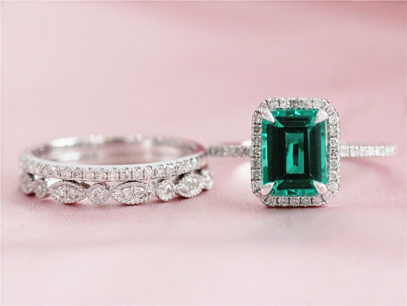 1 CT Emerald Cut Green Emerald Diamond 925 Sterling Silver Halo Wedding Trio Ring Set