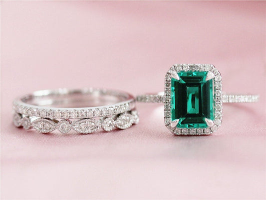 1 CT Emerald Cut Green Emerald Diamond 925 Sterling Silver Halo Wedding Trio Ring Set