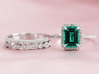 1 CT Emerald Cut Green Emerald Diamond White Gold Over On 925 Sterling Silver Trio Wedding Ring Set