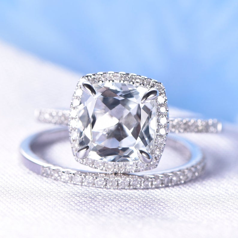 1 CT Cushion Cut White Topaz Diamond 925 Sterling Silver Halo Engagement Bridal Ring Set