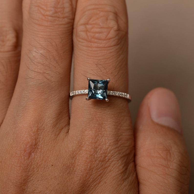 1.25 Ct Princess Cut London Blue Topaz 925 Sterling Silver Solitaire W/Accents Ring