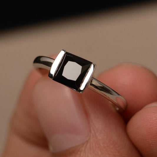 1.00 Ct Princess Cut Black Diamond Solitaire Ring In 925 Sterling Silver