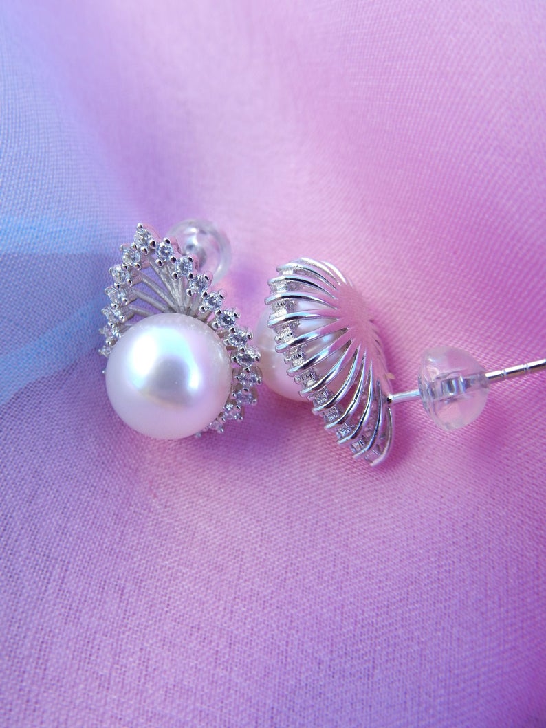 0.75 Ct Round White CZ & Round Pearl 925 Sterling Silver Anniversary Gift Stud Earrings For Her - atjewels.in