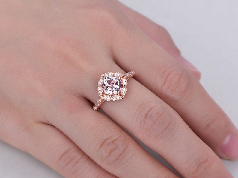1 CT Cushion Cut Morganite Diamond Rose Gold Over On 925 Sterling Silver Halo Wedding Ring