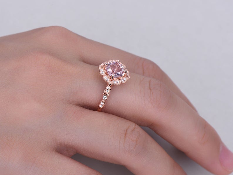 1 CT Cushion Cut Morganite Diamond Rose Gold Over On 925 Sterling Silver Halo Wedding Ring
