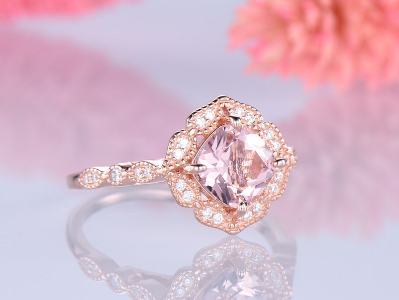 1 CT Cushion Cut Morganite Diamond Rose Gold Over On 925 Sterling Silver Halo Wedding Ring