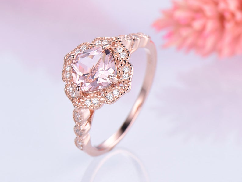 1 CT Cushion Cut Morganite Diamond Rose Gold Over On 925 Sterling Silver Halo Wedding Ring
